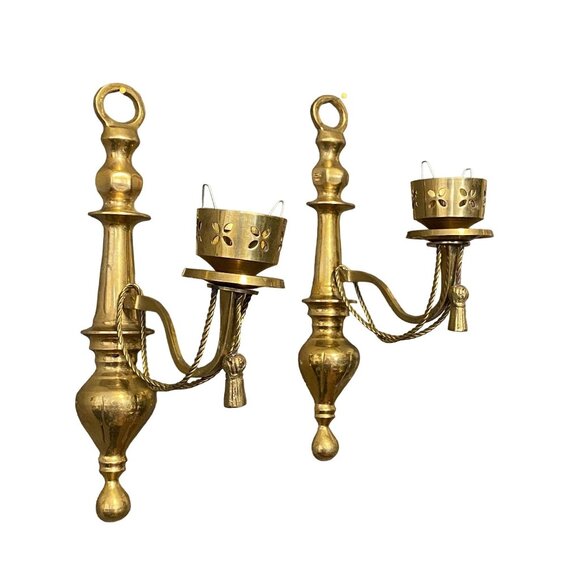 Vintage Brass Wall Sconce Candle Holders 2-Piece Set MCM Regency Made in India - Picture 1 of 9